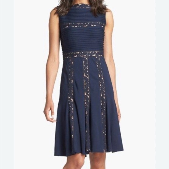 Tadashi Shoji Dress Women Small Blue Midi Navy Nude Pintuck Jersey Lace Tank - Picture 1 of 8